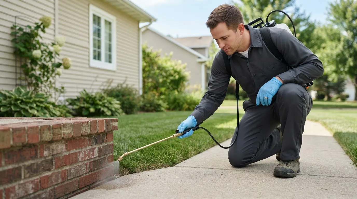 Pest control technician treating a home near Triangle, VA